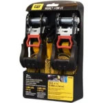 LOT DE 2 SANGLES D'ARRIMAGE A CLIQUET CATERPILLAR AVEC CROCHETS LONGUEUR : 3.65 M LARGEUR : 2.54 CM CHARGE D'UTILISATION : 272 KGS POIDS DE RUPTURE : 816 KGS IDEAL POUR ATTACHER LES CARGAISSONS, DU MOBILIER …. SANGLE JAUNE HAUTE VISIBILITE DOUBLE CROCHET EN "S" ANTI RAYURES POIGNEE CONFORT ANTIDERAPANTE