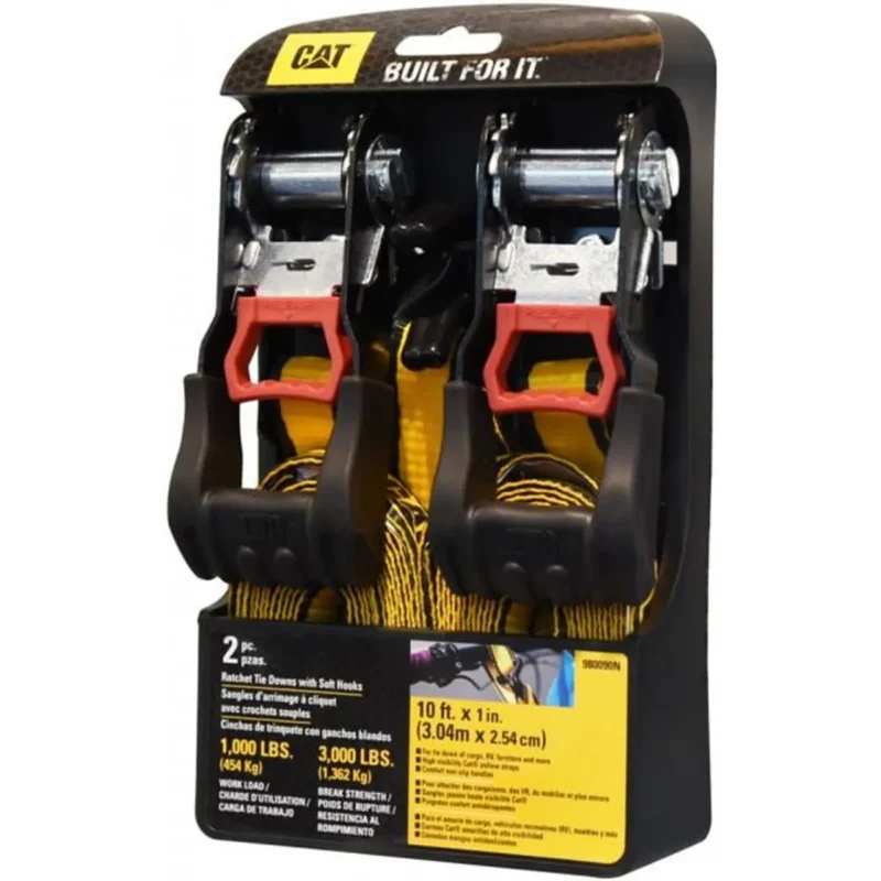 LOT DE 2 SANGLES D'ARRIMAGE A CLIQUET CATERPILLAR AVEC CROCHETS LONGUEUR : 4.87 M LARGEUR : 3.17 CM CHARGE D'UTILISATION : 363 KGS POIDS DE RUPTURE : 1089 KGS IDEAL POUR ATTACHER LES CARGAISSONS, DU MOBILIER …. SANGLE JAUNE HAUTE VISIBILITE DOUBLE CROCHET EN "J" ANTI RAYURES POIGNEE CONFORT ANTIDERAPANTE